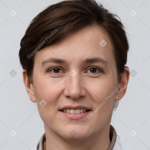 Joyful white young-adult female with short  brown hair and brown eyes