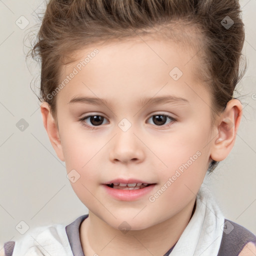 Joyful white child female with short  brown hair and brown eyes