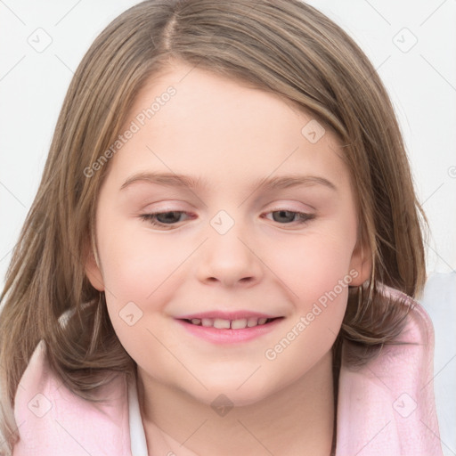 Joyful white child female with medium  brown hair and brown eyes