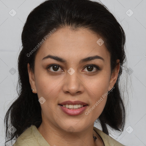 Joyful latino young-adult female with medium  brown hair and brown eyes