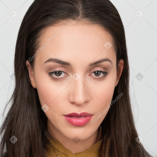 Neutral white young-adult female with long  brown hair and brown eyes