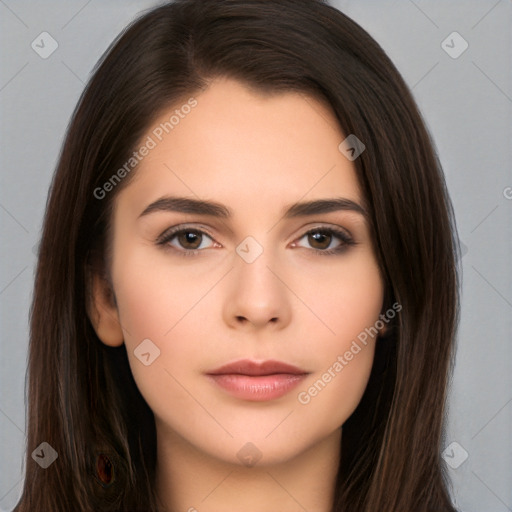 Neutral white young-adult female with long  brown hair and brown eyes