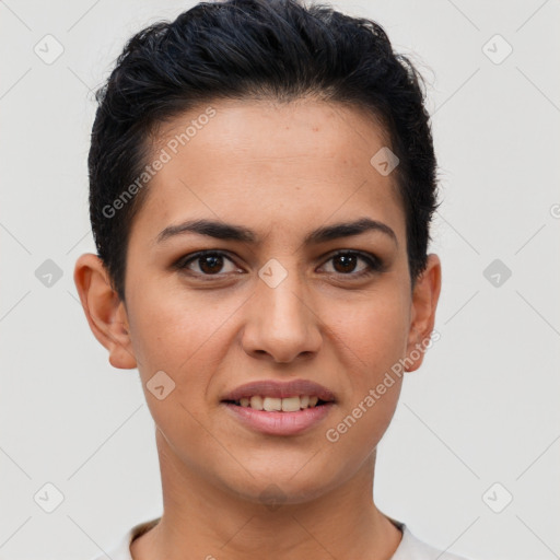 Joyful white young-adult female with short  brown hair and brown eyes