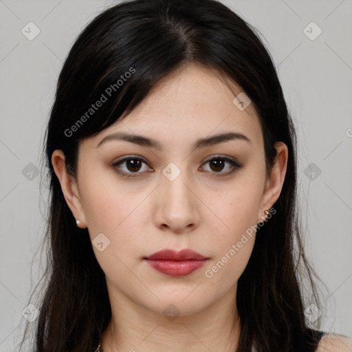 Neutral white young-adult female with long  brown hair and brown eyes