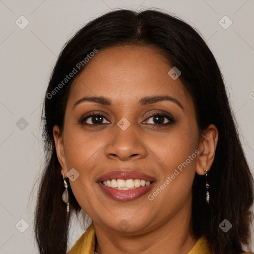 Joyful latino young-adult female with long  brown hair and brown eyes