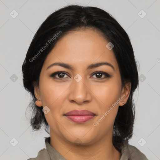 Joyful latino young-adult female with medium  black hair and brown eyes