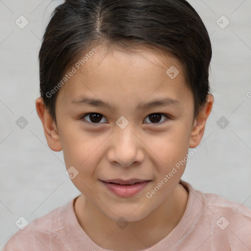 Joyful white child female with short  brown hair and brown eyes