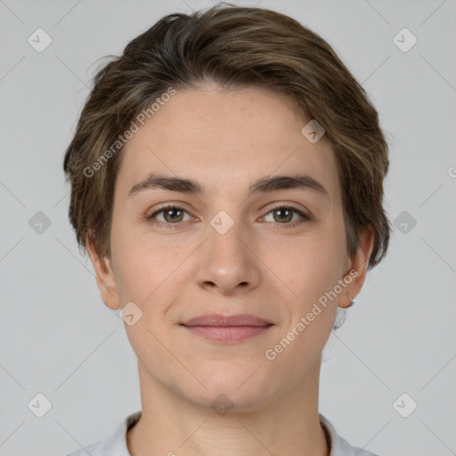 Joyful white young-adult female with short  brown hair and brown eyes