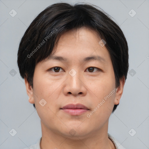 Neutral asian young-adult male with short  brown hair and brown eyes