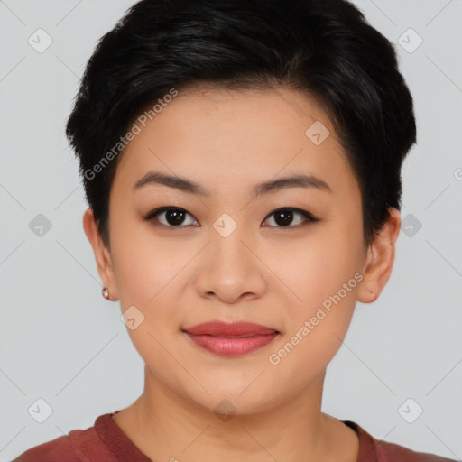Joyful asian young-adult female with short  brown hair and brown eyes
