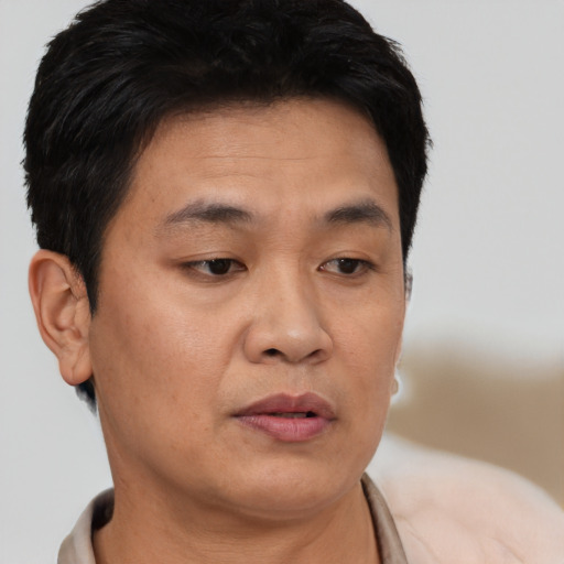 Neutral asian adult male with short  brown hair and brown eyes