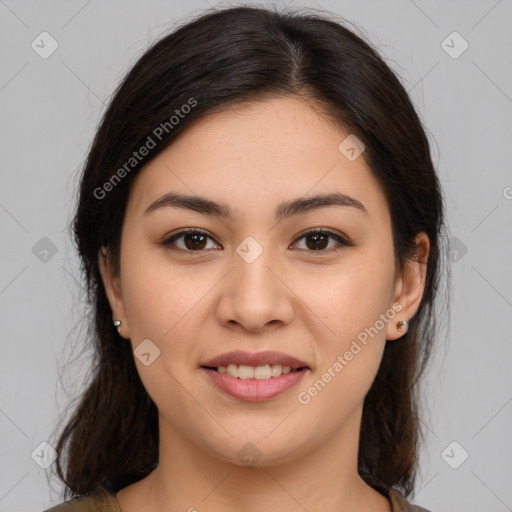 Joyful white young-adult female with medium  brown hair and brown eyes