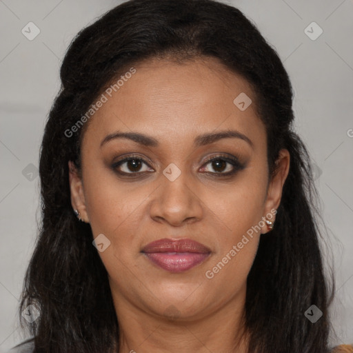 Joyful latino young-adult female with long  brown hair and brown eyes