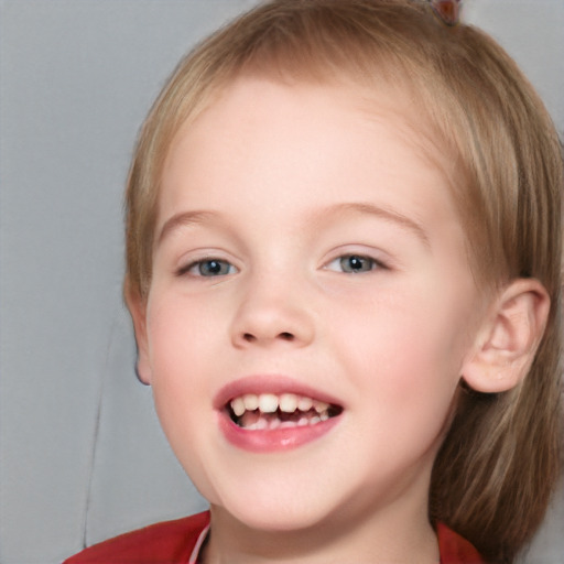 Joyful white child female with medium  brown hair and blue eyes