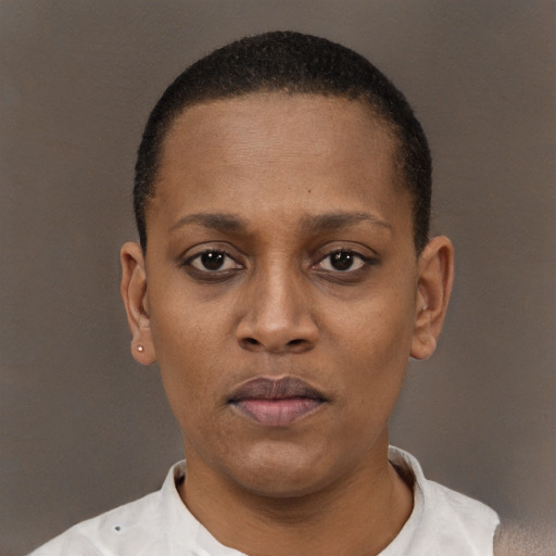 Neutral black young-adult female with short  black hair and brown eyes