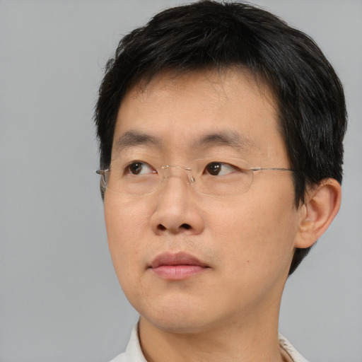 Neutral asian young-adult male with short  brown hair and brown eyes