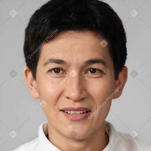 Joyful white adult male with short  black hair and brown eyes