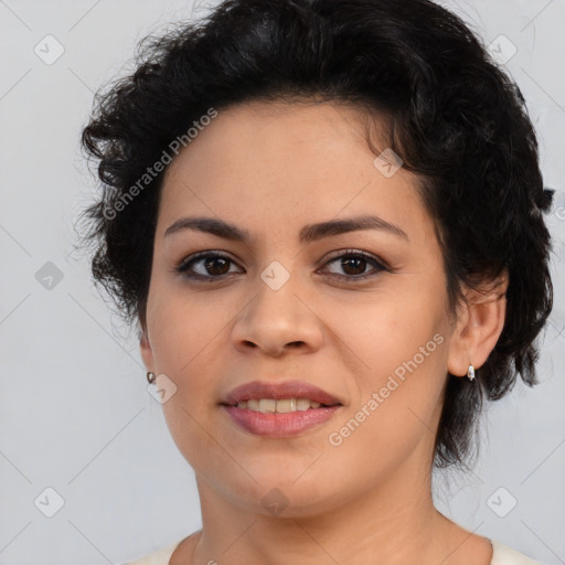 Joyful latino young-adult female with short  brown hair and brown eyes