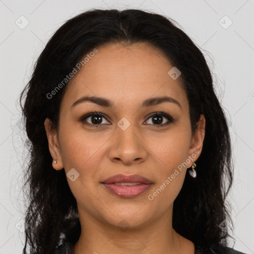 Joyful latino young-adult female with long  brown hair and brown eyes