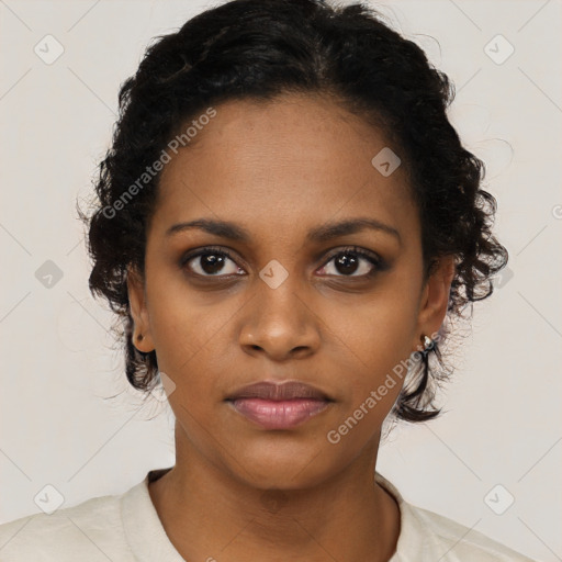 Neutral black young-adult female with short  black hair and brown eyes