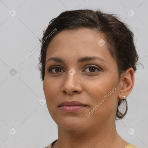 Joyful white young-adult female with short  brown hair and brown eyes