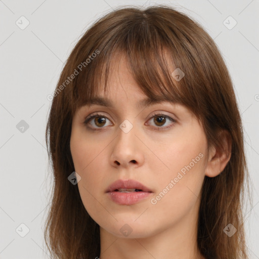 Neutral white young-adult female with long  brown hair and brown eyes