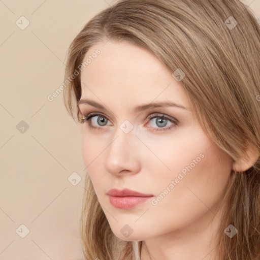 Neutral white young-adult female with long  brown hair and grey eyes