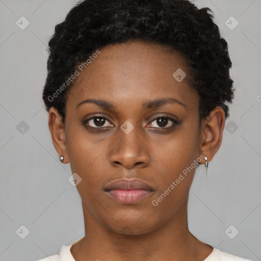 Neutral black young-adult female with short  black hair and brown eyes