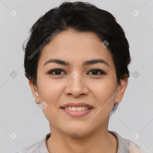 Joyful asian young-adult female with short  brown hair and brown eyes