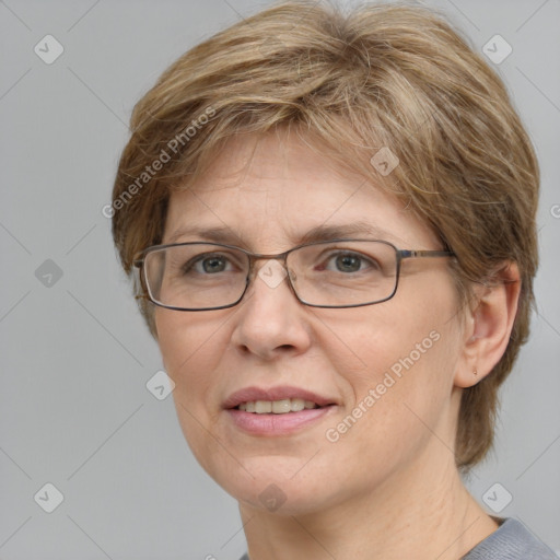 Joyful white adult female with medium  brown hair and blue eyes