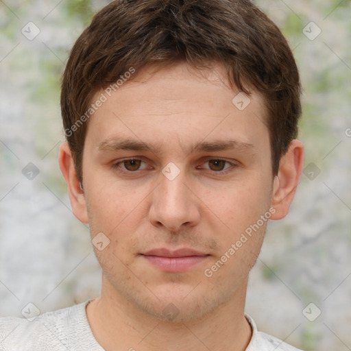 Neutral white young-adult male with short  brown hair and brown eyes