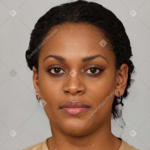 Neutral black young-adult female with short  black hair and brown eyes