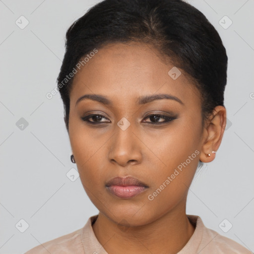 Neutral asian young-adult female with short  brown hair and brown eyes