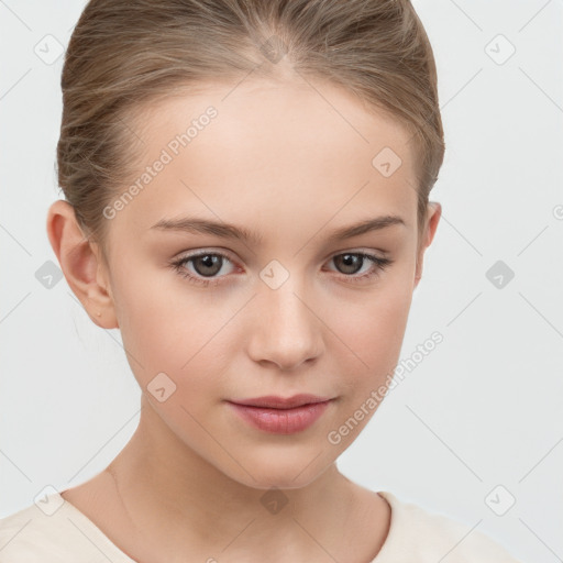 Joyful white child female with medium  brown hair and brown eyes