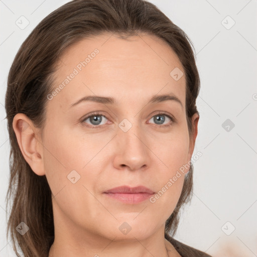 Neutral white young-adult female with long  brown hair and grey eyes