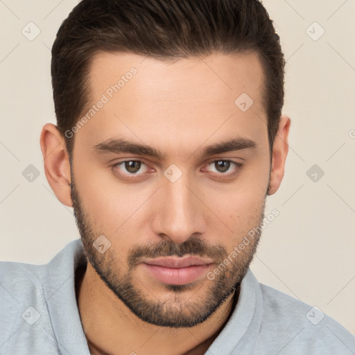 Neutral white young-adult male with short  brown hair and brown eyes