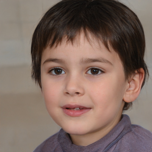 Joyful white child male with medium  brown hair and brown eyes