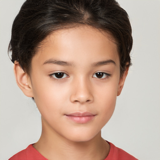 Joyful white child female with short  brown hair and brown eyes