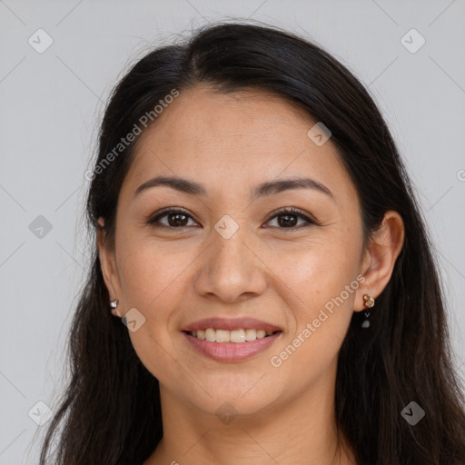 Joyful white young-adult female with long  brown hair and brown eyes