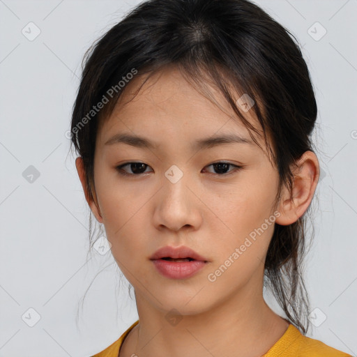 Neutral asian young-adult female with medium  brown hair and brown eyes