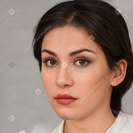 Neutral white young-adult female with medium  brown hair and brown eyes