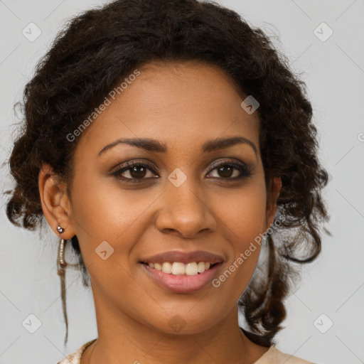 Joyful black young-adult female with medium  brown hair and brown eyes