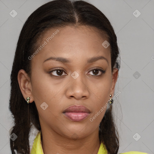 Neutral white young-adult female with medium  brown hair and brown eyes