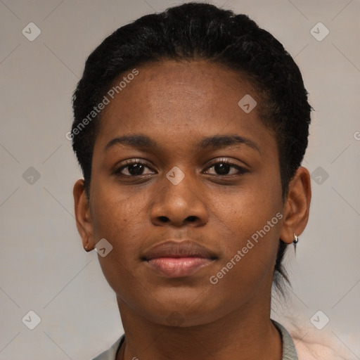 Neutral black young-adult female with short  black hair and brown eyes