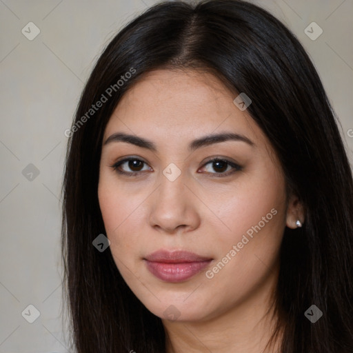 Joyful latino young-adult female with long  brown hair and brown eyes