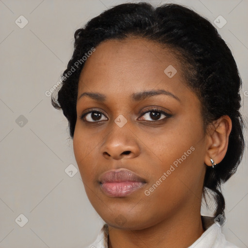 Neutral black young-adult female with short  black hair and brown eyes