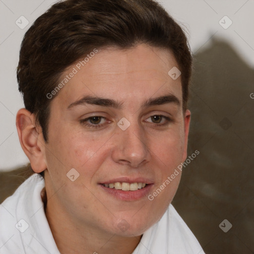 Joyful white adult female with short  brown hair and brown eyes