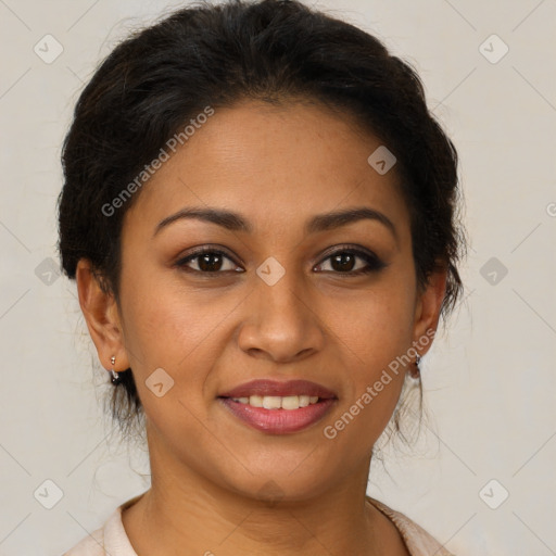 Joyful latino young-adult female with short  brown hair and brown eyes