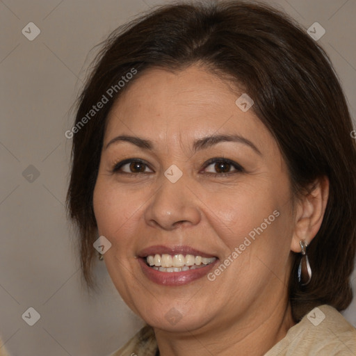 Joyful white adult female with medium  brown hair and brown eyes