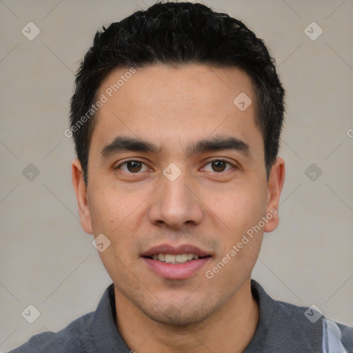 Joyful white young-adult male with short  black hair and brown eyes